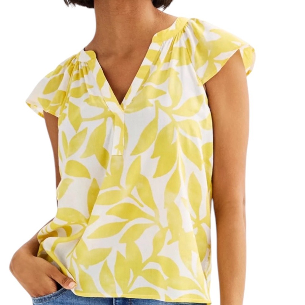 Sonoma Good For‎ Life Yellow White Leaf Print Flutter Sleeve Cotton Blouse XL